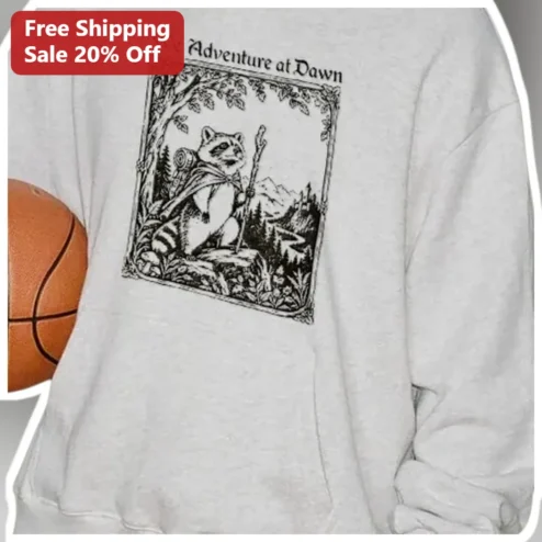 We Adventure at Dawn Raccoon Hiking Sweatshirt Vintage Woodcut Wildlife Crewneck Gift for Campers