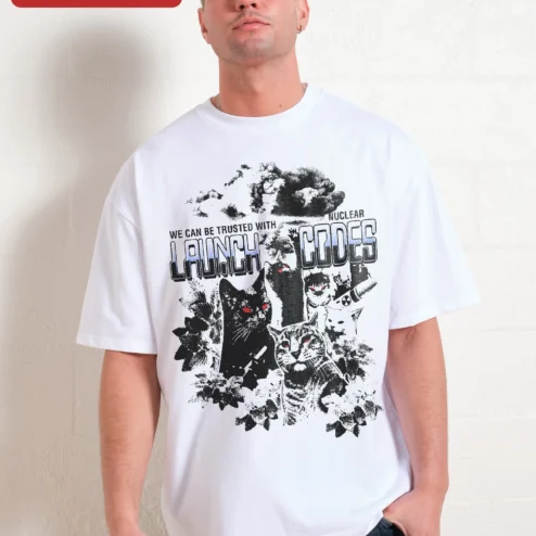 We Can Be Trusted With Nuclear Launch Codes Funny Cat Graphic Tee Dark Humor Oversized Shirt