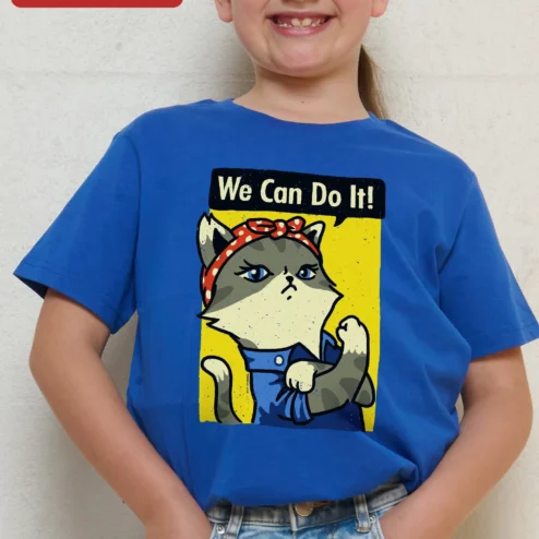 We Can Do It! Cat Edition Kids Tee Rosie the Riveter Parody on a hanger, ready to ship from Chicago, Illinois