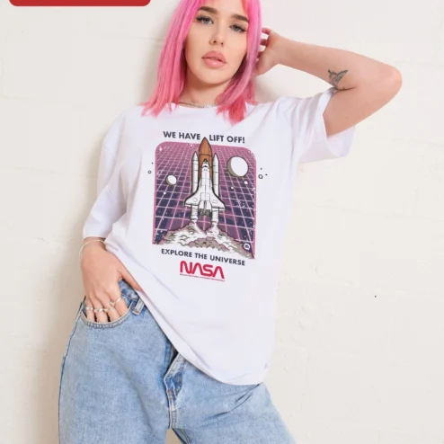 We Have Lift Off Explore The Universe Retro Synthwave Space Shuttle Launch Tee on a hanger, ready to ship from Chicago, Illinois