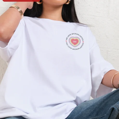 We Love Microplastics Satirical Eco Awareness Tee Unisex Cotton Graphic Shirt