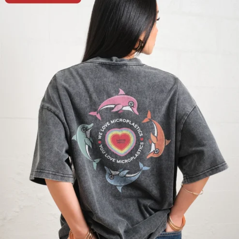 Customer in Chicago, Illinois wearing We Love Microplastics You Love Microplastics Acid Wash Tee Funny Eco Meme Shirt