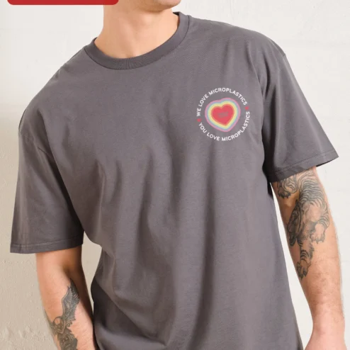 We Love Microplastics You Love Microplastics Funny Meme Awareness Tee on a hanger, ready to ship from Chicago, Illinois