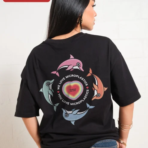 Close-up of We Love Microplastics You Love Microplastics Funny Meme Awareness Tee for streetwear fans in Chicago, Illinois