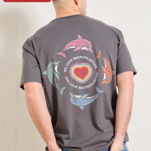 Customer in Chicago, Illinois wearing We Love Microplastics You Love Microplastics Funny Meme Awareness Tee