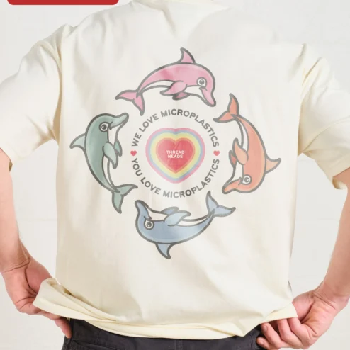 Close-up of We Love Microplastics You Love Microplastics Funny Meme Awareness Tee for streetwear fans in Chicago, Illinois