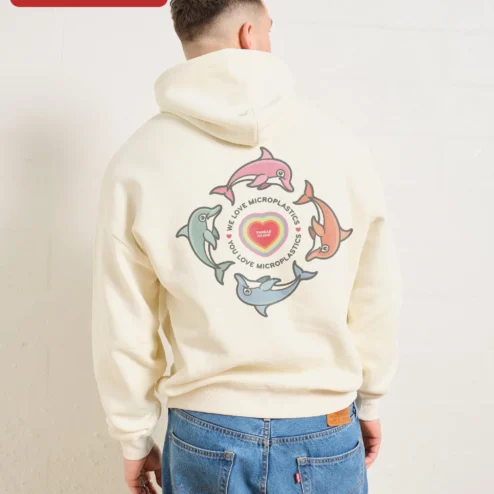 We Love Microplastics You Love Microplastics Sarcastic Environmental Hoodie on a hanger, ready to ship from Chicago, Illinois
