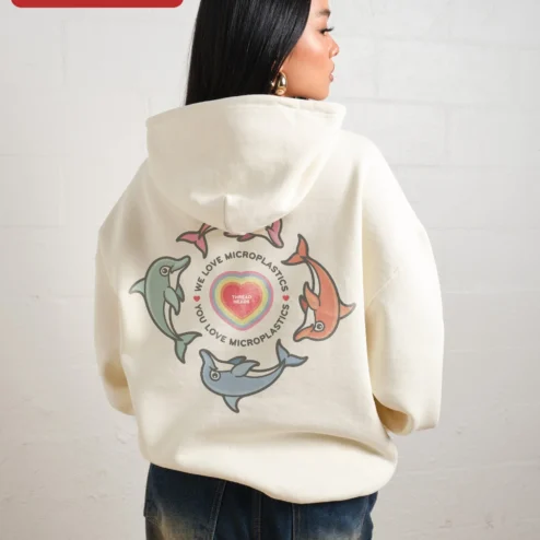 Customer in Chicago, Illinois wearing We Love Microplastics You Love Microplastics Sarcastic Environmental Hoodie