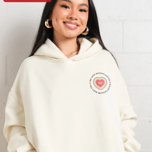 Close-up of We Love Microplastics You Love Microplastics Sarcastic Environmental Hoodie for streetwear fans in Chicago, Illinois