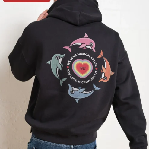 Customer in Chicago, Illinois wearing We Love Microplastics You Love Microplastics Sarcastic Environmental Hoodie