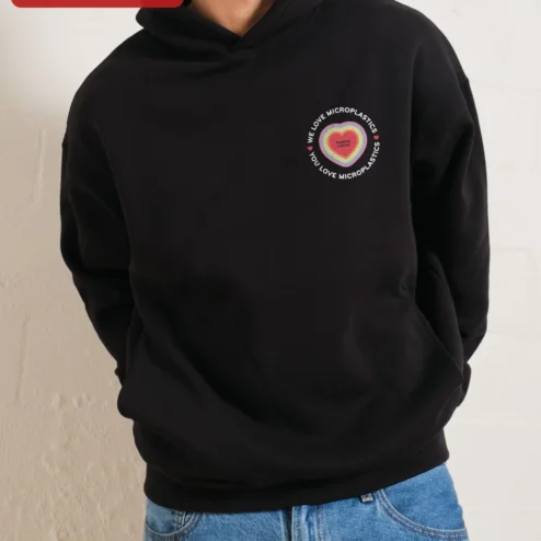 Close-up of We Love Microplastics You Love Microplastics Sarcastic Environmental Hoodie for streetwear fans in Chicago, Illinois
