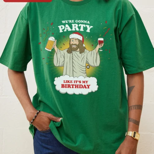 We're Gonna Party Like It's My Birthday Jesus Graphic Tee Funny Christmas Birthday Gift on a hanger, ready to ship from Chicago, Illinois
