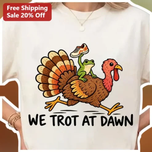 WE TROT AT DAWN Funny Turkey Frog Graphic Tee for Runners and Equestrians