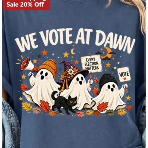 We Vote At Dawn Ghosts Halloween Election Day Graphic Tee