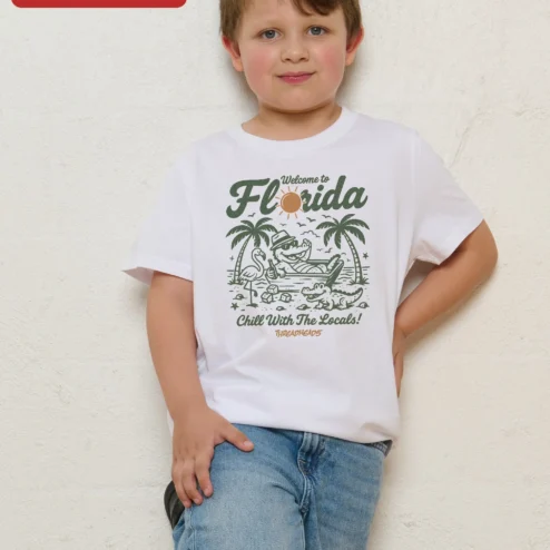 Close-up of Welcome to Florida Chill With The Locals Kids Tee Funny Alligator Hammock Graphic Shirt for streetwear fans in Chicago, Illinois
