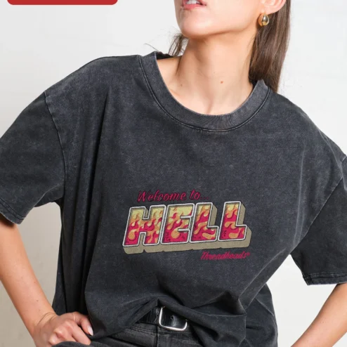 Welcome to Hell Flame Graphic Acid Wash Tee Vintage Grunge Streetwear Shirt