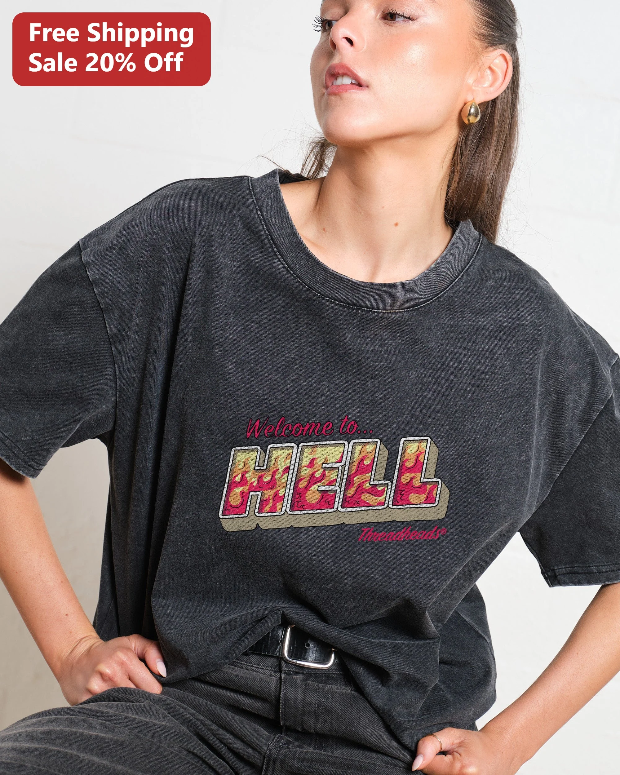 Welcome to Hell Flame Graphic Acid Wash Tee Vintage Grunge Streetwear Shirt