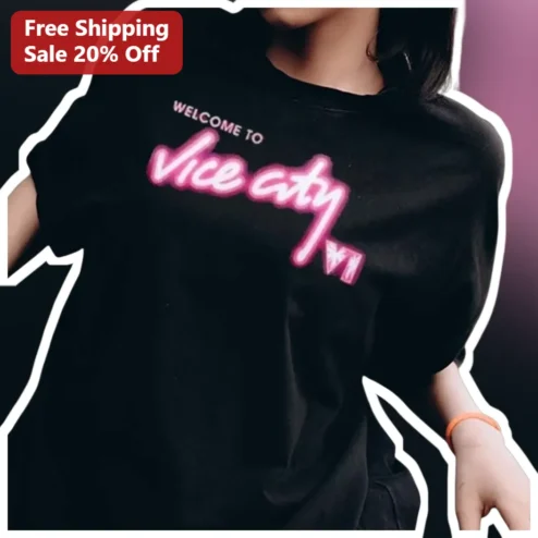 Welcome To Vice City Tee GTA VI Miami Sign Fan Art Retro Gaming Shirt