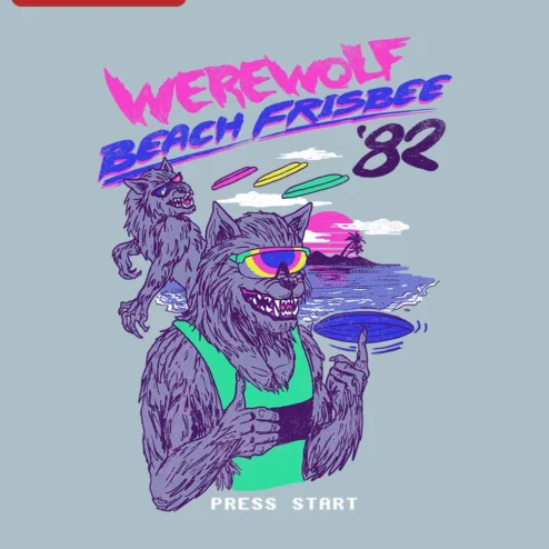 Werewolf Beach Frisbee '82 Press Start Tee Retro Synthwave Arcade Parody Shirt