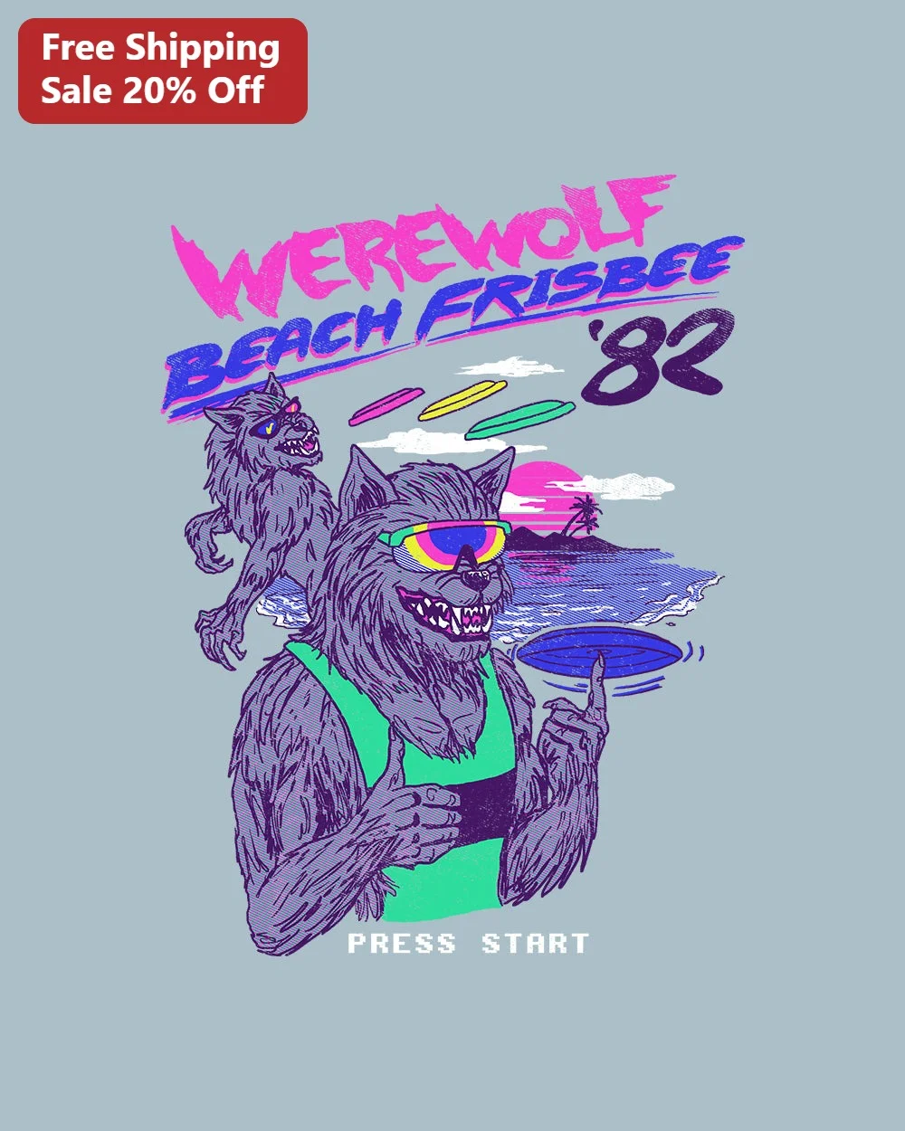 Werewolf Beach Frisbee '82 Press Start Tee Retro Synthwave Arcade Parody Shirt