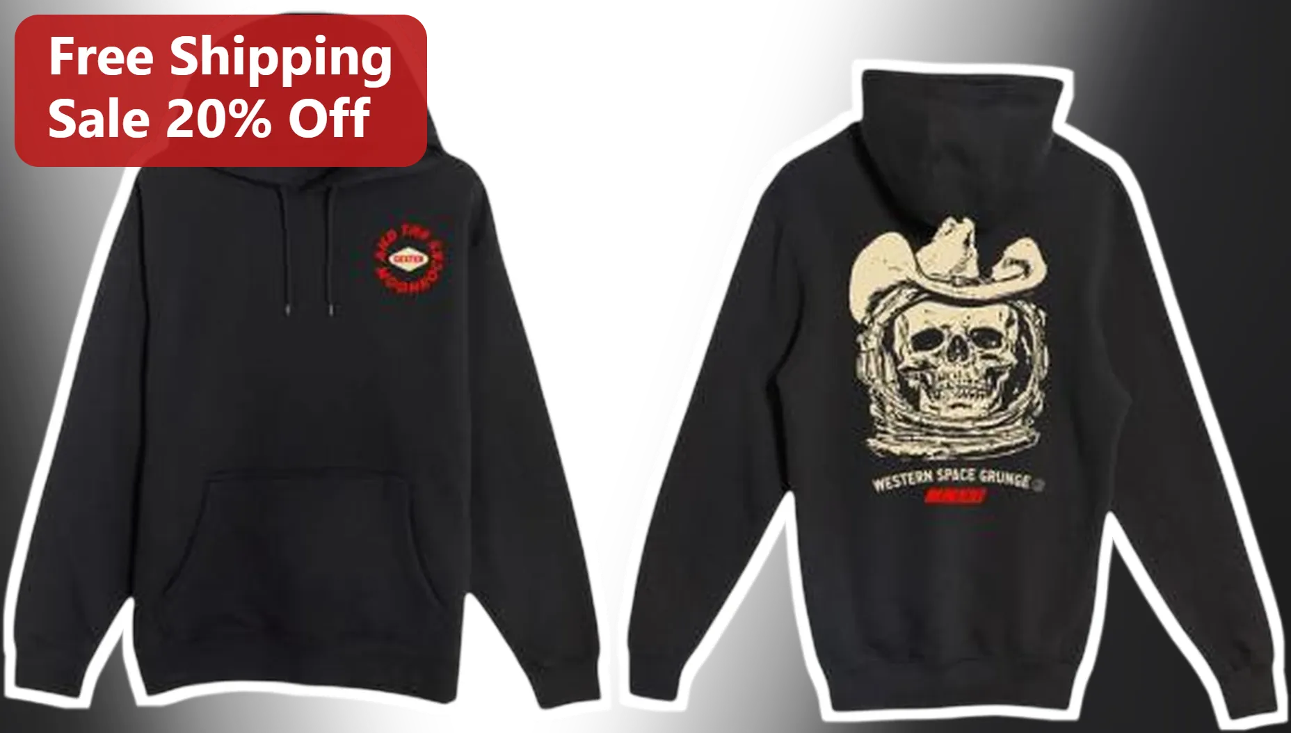 Western Space Grunge Hoodie Distressed Cowboy Skull Astronaut Design Unisex Pullover