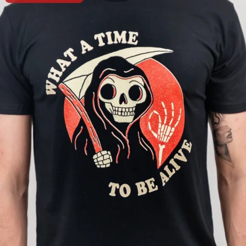 Close-up of What A Time To Be Alive Grim Reaper Tee Vintage Horror Skeleton Graphic Shirt for streetwear fans in Chicago, Illinois