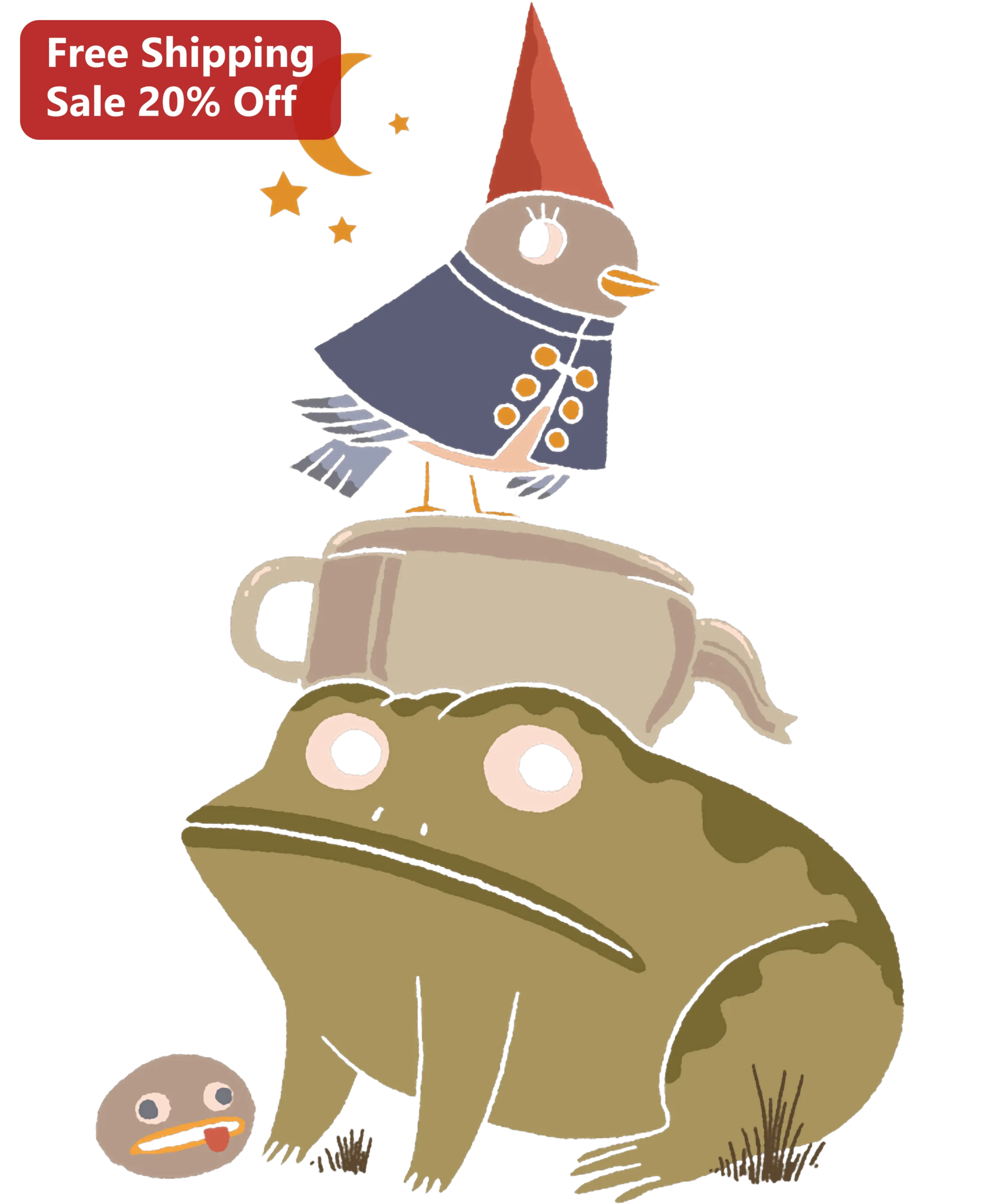 Whimsical Toad Wizard Bird Tea Stack Illustration Sticker Fantasy Cottagecore Gift