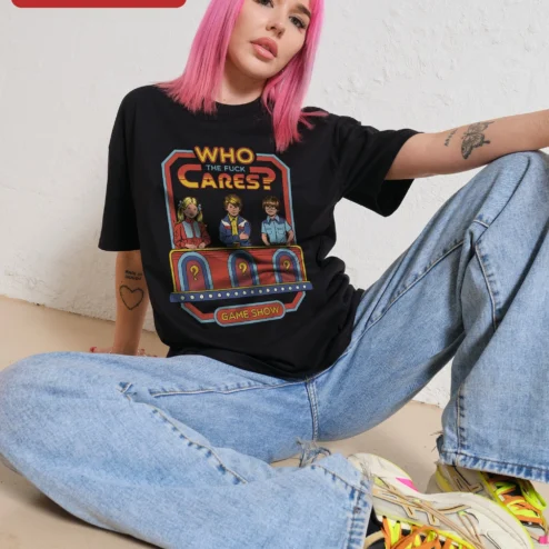 Who The Fuck Cares Game Show Graphic Tee Sarcastic Meme Shirt Retro TV Humor Gift