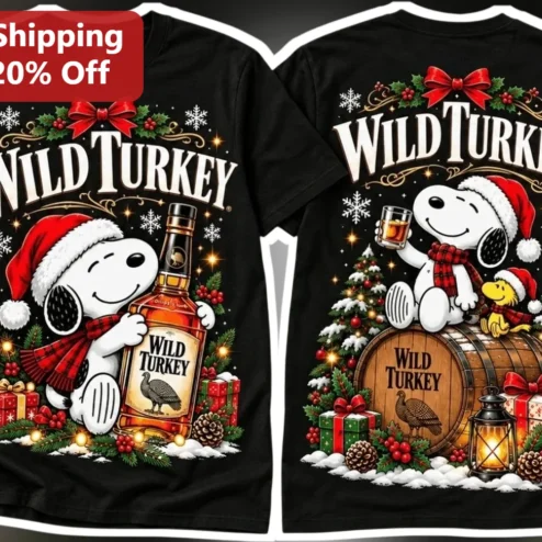 Wild Turkey Snoopy Christmas Tee Funny Holiday Whiskey Lover Gift for Adults