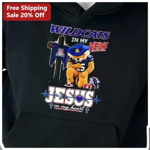 Wildcats In My Veins Jesus In My Heart Hoodie Christian Faith Sports Apparel Gift available at our Chicago, Illinois warehouse