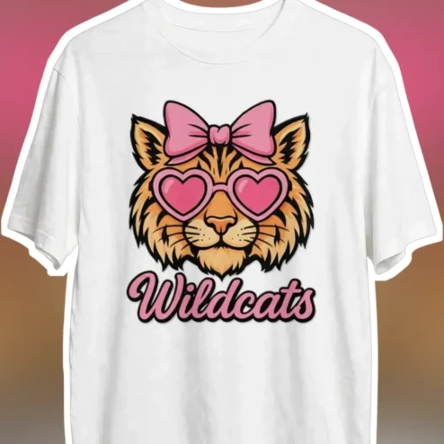 Wildcats Tee Cute Kawaii Tiger with Pink Bow and Heart Sunglasses Graphic Shirt for Women Girls