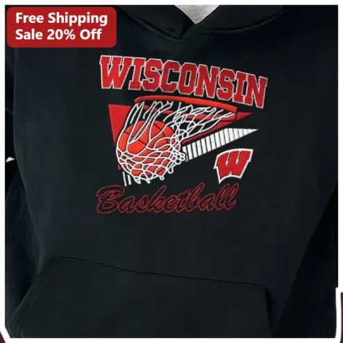 Wisconsin Basketball Hoodie Black Pullover Sweatshirt College Badgers Fan Gear available at our Chicago, Illinois warehouse