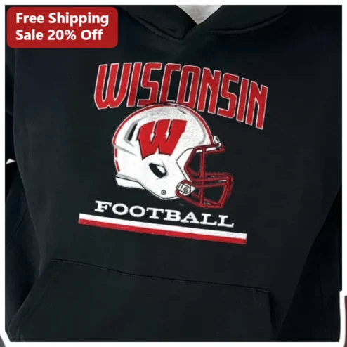 Wisconsin Football Hoodie Embroidered UW Badgers Fan Gear Pullover available at our Chicago, Illinois warehouse