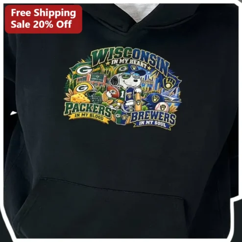 Wisconsin In My Heart Packers Brewers Snoopy Hoodie Funny Retro Sports Fan Gift