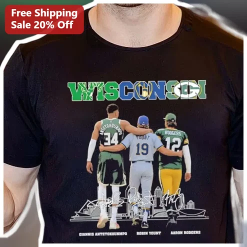 Wisconsin Sports Legends Tee Giannis Antetokounmpo Aaron Rodgers Robin Yount Signatures Milwaukee Skyline Graphic T-Shirt for Men Women