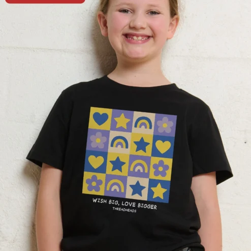 Wish Big Love Bigger Kids Tee Girls Inspirational Rainbow Heart Star Graphic Shirt