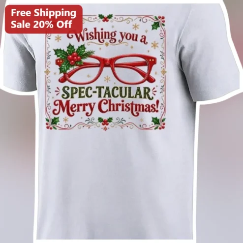 Wishing You A Spec-Tacular Merry Christmas Tee Funny Holiday Glasses Pun Shirt Gift for Optometrists available at our Chicago, Illinois warehouse
