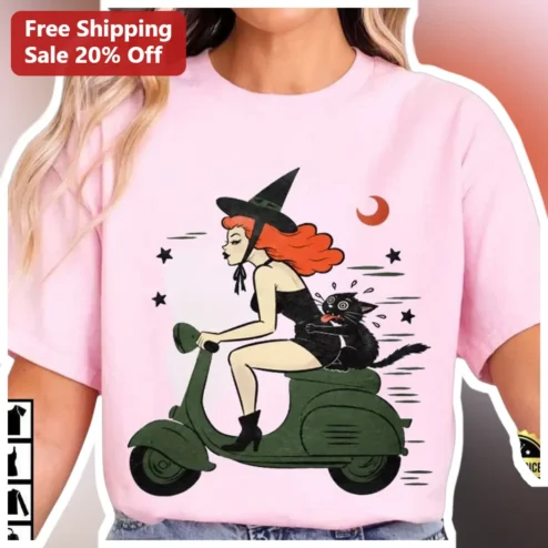 Witch on Scooter Pinup Graphic Tee Retro Vintage Halloween Spooky Cute Shirt Gift for Women