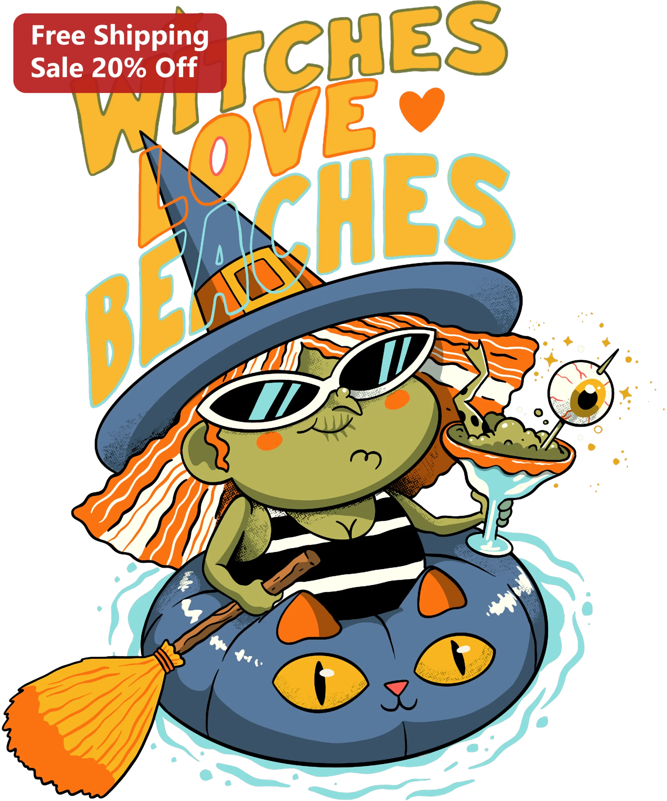 Witches Love Beaches Tee Cute Cartoon Witch on Pool Float Graphic Shirt for Halloween Summer