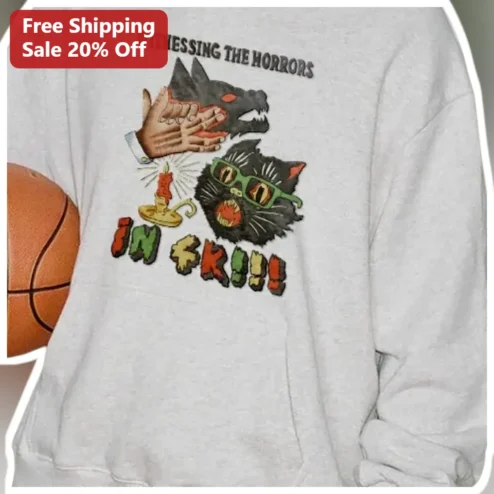 Witnessing The Horrors In Ski Sweatshirt Funny Cat Meme Graphic Apparel Gift For Skiers