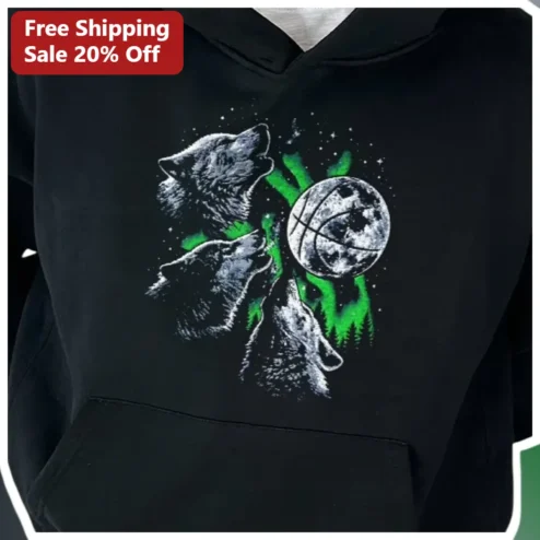 Wolves Howling Basketball Moon Aurora Hoodie