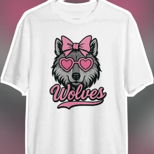 Wolves Tee Cute Pink Heart Sunglasses Wolf Graphic Shirt for Women Girls Kawaii Animal Lover Gift