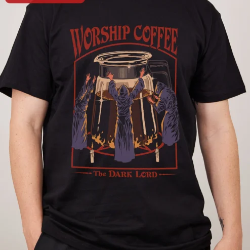 Worship Coffee The Dark Lord Tee Funny Caffeine Addiction Graphic T-Shirt for Men Women on a hanger, ready to ship from Chicago, Illinois