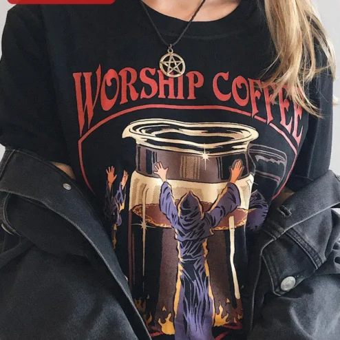 Customer in Chicago, Illinois wearing Worship Coffee The Dark Lord Tee Funny Caffeine Addiction Graphic T-Shirt for Men Women