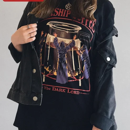 Close-up of Worship Coffee The Dark Lord Tee Funny Caffeine Addiction Graphic T-Shirt for Men Women for streetwear fans in Chicago, Illinois
