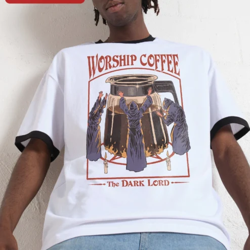 Customer in Chicago, Illinois wearing Worship Coffee The Dark Lord Tee Funny Caffeine Addiction Graphic T-Shirt for Men Women