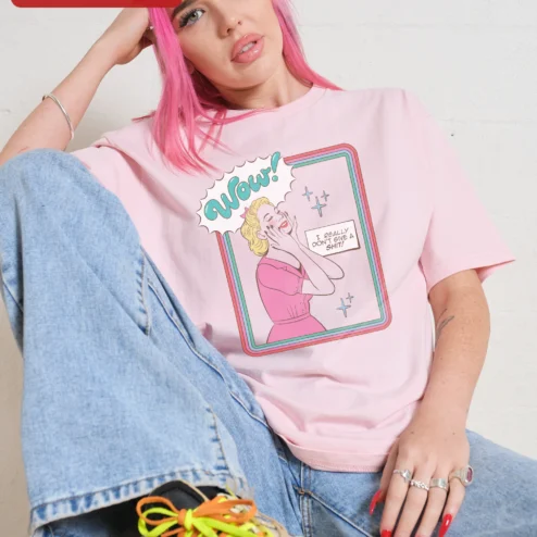 Customer in Chicago, Illinois wearing Wow I Really Don't Give A Shit Retro Comic Art Tee Women Sarcastic Pop Art Graphic Shirt