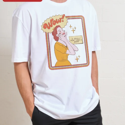 Close-up of Wow I Really Don't Give A Shit Retro Comic Art Tee Women Sarcastic Pop Art Graphic Shirt for streetwear fans in Chicago, Illinois