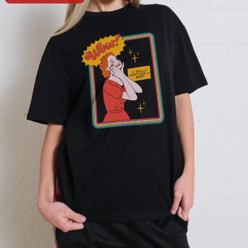 Wow I Really Don't Give A Shit Retro Comic Art Tee Women Sarcastic Pop Art Graphic Shirt