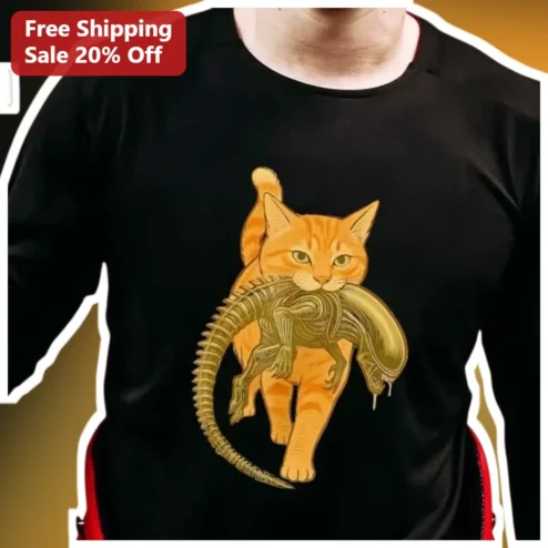 Xenomorph Cat Prey Graphic Tee Funny Sci-Fi Horror Mashup Shirt for Men Women Halloween Gift